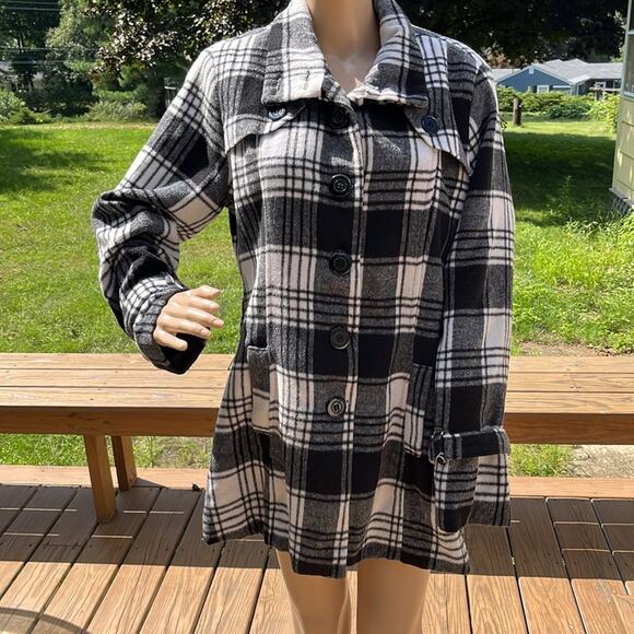 Dots Plaid Pea Coat Jacket Black White Large - Picture 4 of 7